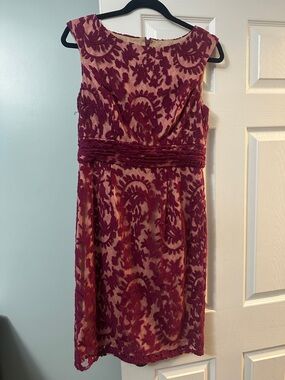 Adrianna Papell Burgundy Floral Lace Midi Dress